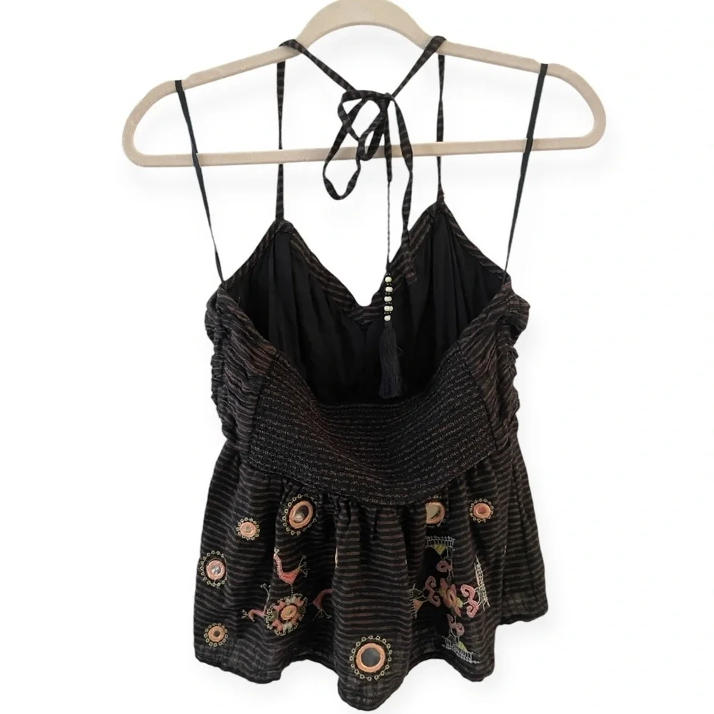 Free People Sweet Safari Stripe embroidered halter sweetheart brown size S boho
